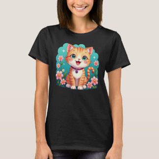 Cute Ginger Cat with Flowers - Cartoon cat T-Shirt