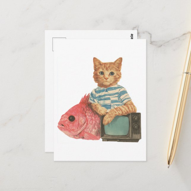 Cute Ginger Cat With Goldfish and TV Retro Collage Postcard (Front/Back In Situ)
