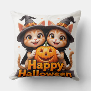Cute Ginger Cats in Witch Hats Halloween Pumpkins Throw Pillow