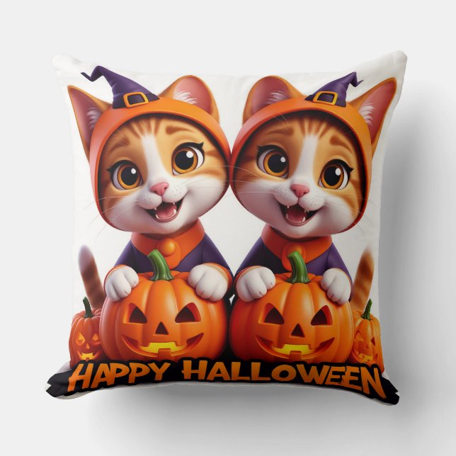 Cute Ginger Cats in Witch Hats Halloween Pumpkins Throw Pillow (Front)