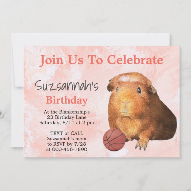 Cute Ginger Guinea Pig Basketball Custom Party Invitation (Front)