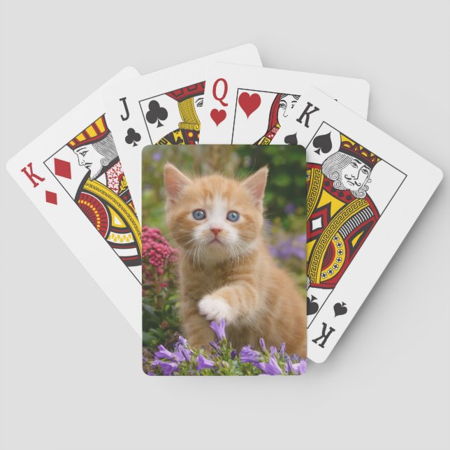 Cute ginger kitten in a garden poker cards (Back)