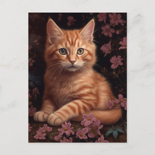 Cute Ginger Kitten Pink Flowers Postcard