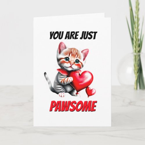 Cute ginger kitten red heart just pawsome cat pun holiday card
