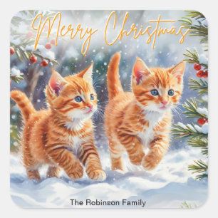 Cute Ginger Kittens Cats In Snow Merry Christmas Square Sticker