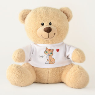 Cute ginger kitty cat and heart teddy bear
