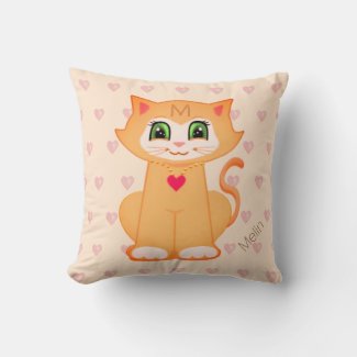 Cute Ginger Kitty Cat Cartoon & Hearts on Coral