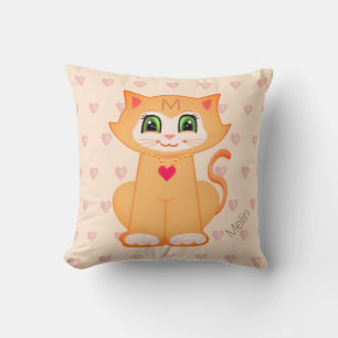 Cute Ginger Kitty Cat Cartoon & Hearts on Coral Throw Pillow