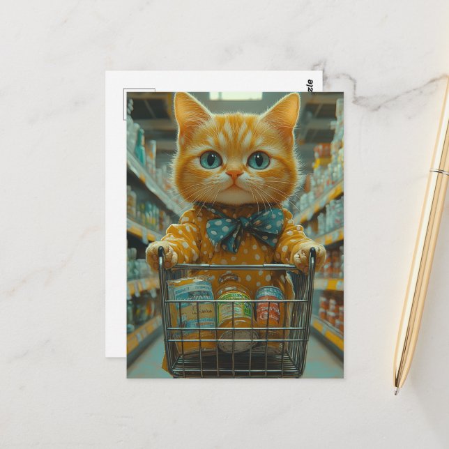 Cute Ginger Kitty Shopping For Groceries Postcard (Front/Back In Situ)