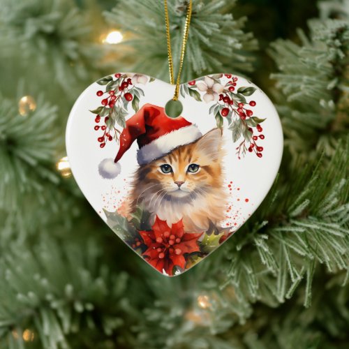 Cute Ginger Orange Cat Holly Berry Christmas Ceramic Ornament