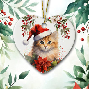 Cute Ginger Orange Cat Holly Berry Christmas Ceramic Ornament