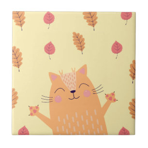Cute Ginger Orange Cat Playing in Autumn Leaves Ceramic Tile