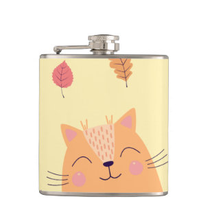Cute Ginger Orange Cat Playing in Autumn Leaves Flask