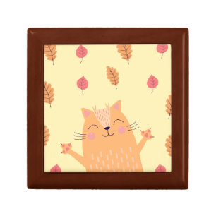 Cute Ginger Orange Cat Playing in Autumn Leaves Gift Box