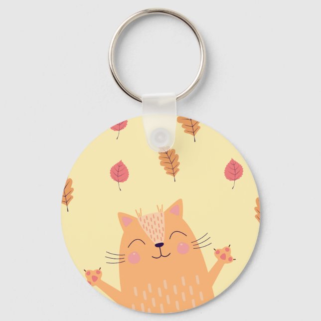 Cute Ginger Orange Cat Playing in Autumn Leaves Keychain (Front)