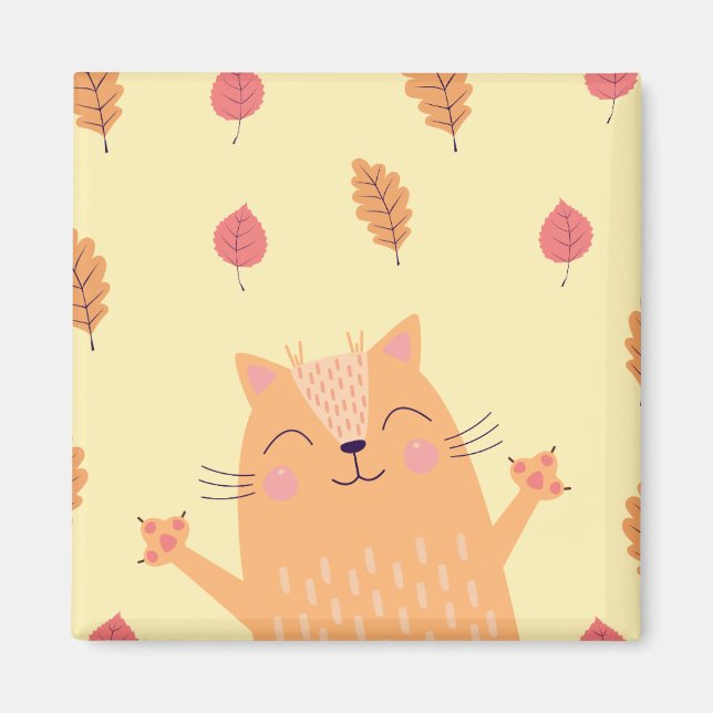 Cute Ginger Orange Cat Playing in Autumn Leaves Magnet (Front)