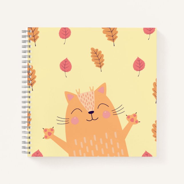 Cute Ginger Orange Cat Playing in Autumn Leaves Notebook (Front)