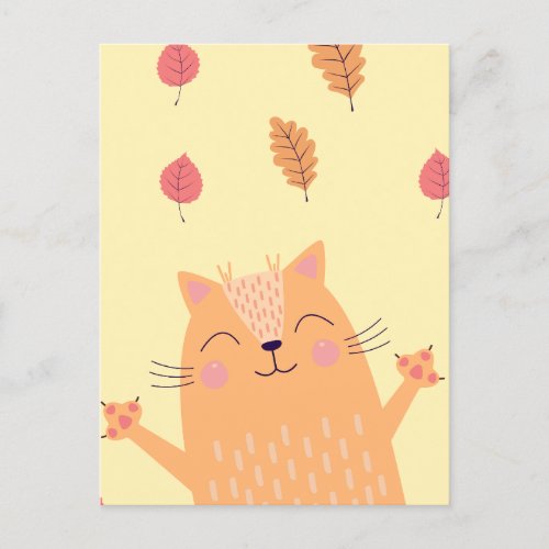 Cute Ginger Orange Cat Playing in Autumn Leaves Postcard