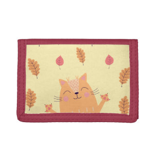 Cute Ginger Orange Cat Playing in Autumn Leaves Tri-fold Wallet