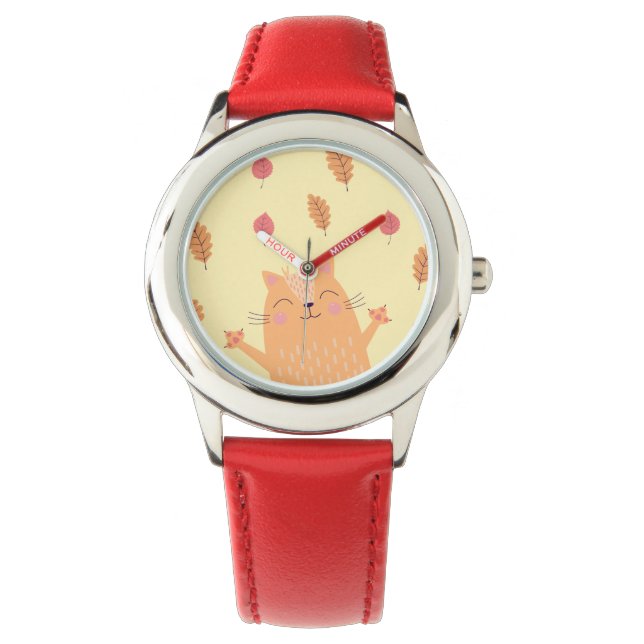 Cute Ginger Orange Cat Playing in Autumn Leaves Watch (Front)