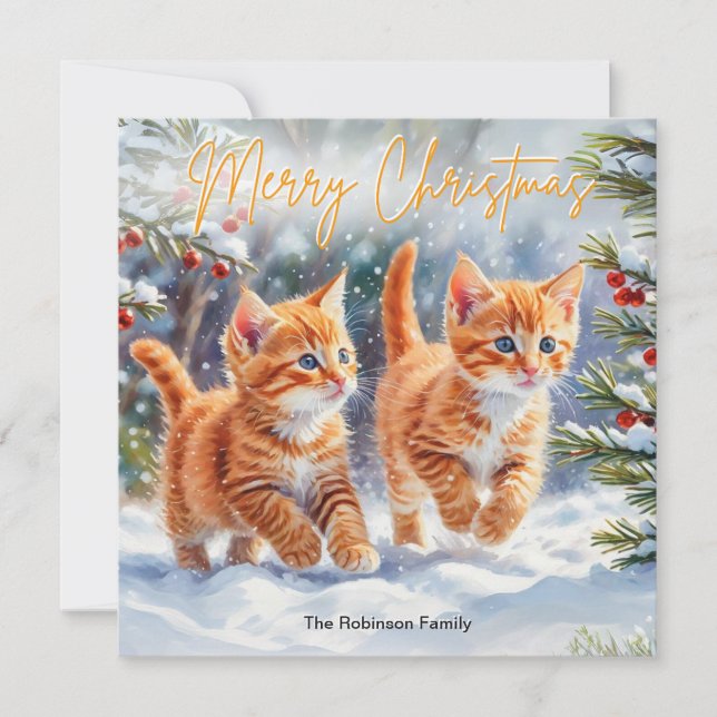 Cute Ginger Pets Kittens Festive Merry Christmas Holiday Card (Front)