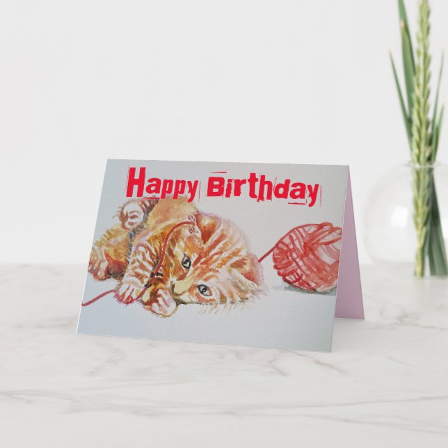 Cute Ginger Tabby Cat Playing Wool Birthday Card (Front)