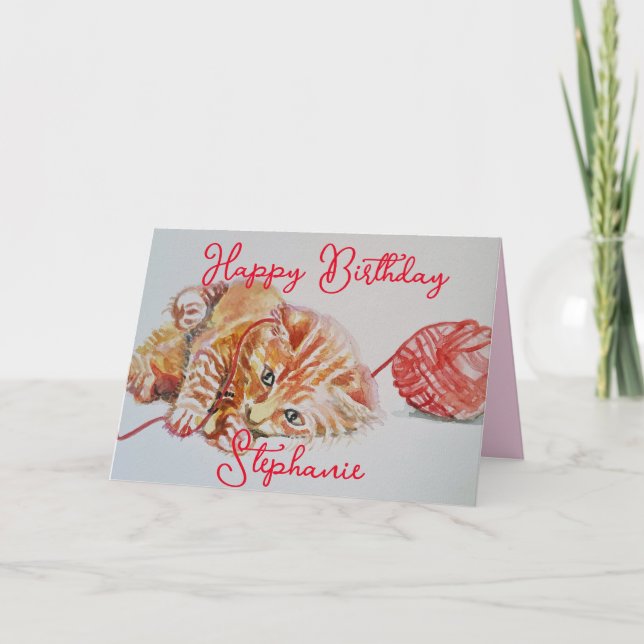 Cute Ginger Tabby Cat Playing Wool Birthday Card (Front)