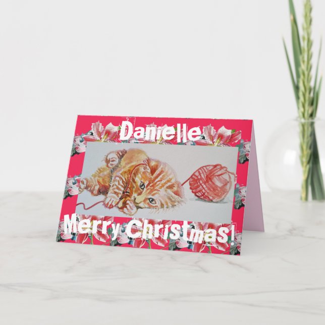 Cute Ginger Tabby Cat Playing Wool Christmas Card (Front)