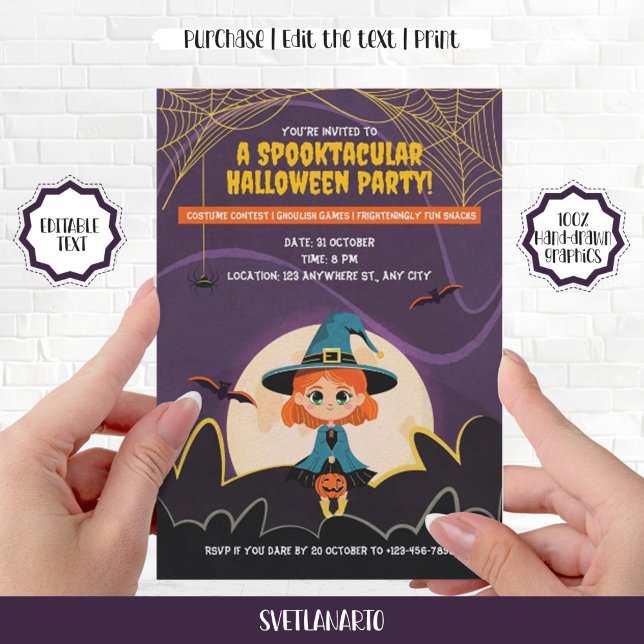 Cute Ginger Witch Halloween Party Invitation (Cute Ginger Witch Girl Halloween Party Invitation)