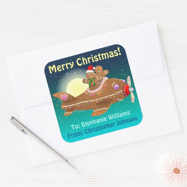 Cute Gingerbread Airplane Cartoon Square Sticker (Envelope)