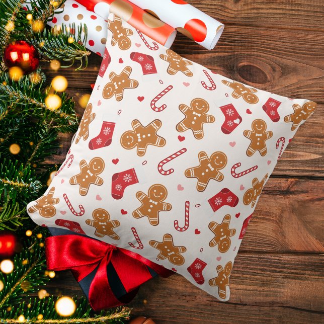 Cute Gingerbread Candy Cane Stockings Christmas Throw Pillow (gingerbread, candy cane and stockings throw pillow in white)