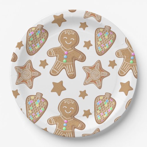 Cute Gingerbread Christmas Cookie Pattern Paper Plates