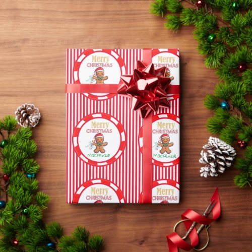 Cute Gingerbread Christmas Custom Name Red Wrapping Paper