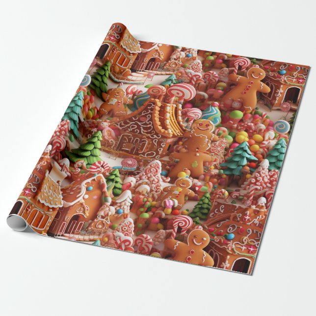 Cute Gingerbread Christmas Wrapping Paper (Unrolled)