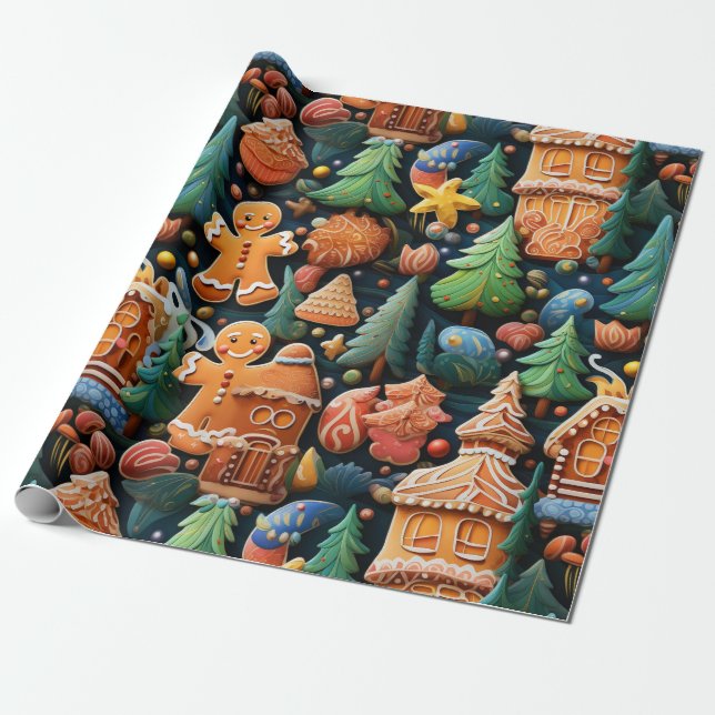 Cute Gingerbread Christmas Wrapping Paper (Unrolled)