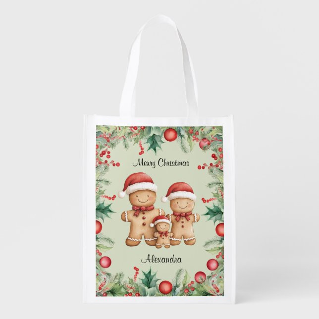 Cute Gingerbread Cookie Family Christmas Grocery Bag (Front)