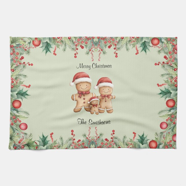 Cute Gingerbread Cookie Family Christmas Kitchen T Kitchen Towel (Horizontal)