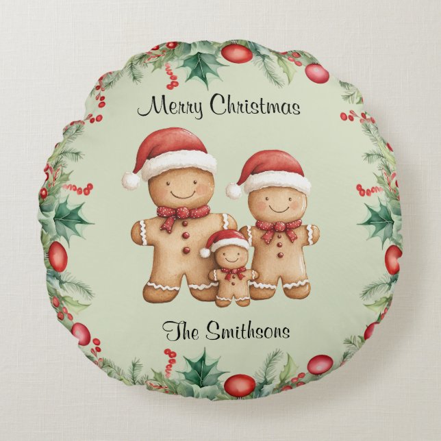 Cute Gingerbread Cookie Family Christmas Round Pillow (Front)