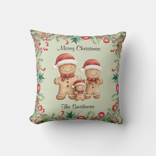 Cute Gingerbread Cookie Family Christmas Throw Pillow (Front)