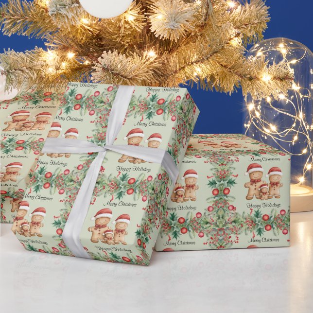 Cute Gingerbread Cookie Family Christmas Wrapping Paper (Holidays)