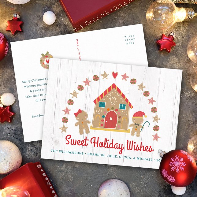 Cute Gingerbread Cookie House Sweet Wishes Rustic Holiday Postcard (Creator Uploaded)