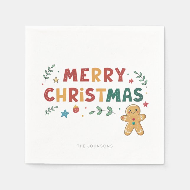 Cute Gingerbread Cookie Personalized Christmas  Napkins (Front)