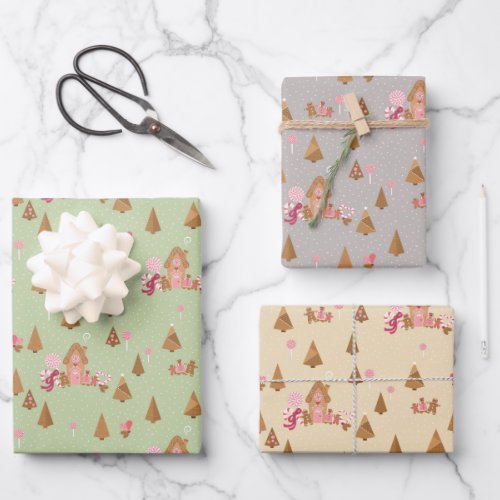 Cute Gingerbread Cottage Grey Mint Cream Pink Wrapping Paper Sheets