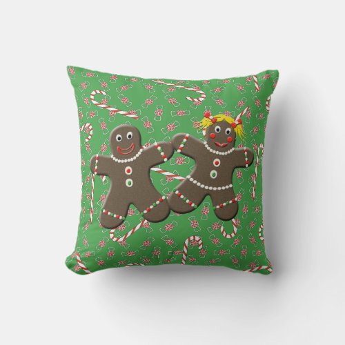 Cute Gingerbread Couple Boy Girl Christmas Candy Throw Pillow