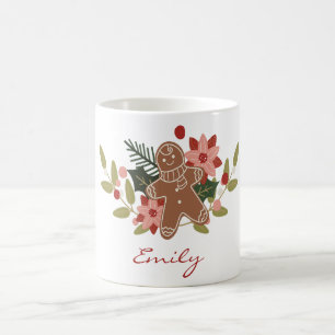 Cute Gingerbread Floral Personalized Christmas Coffee Mug