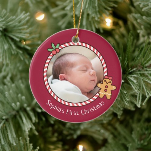 Cute Gingerbread Girl Baby First Christmas Photo Ceramic Ornament