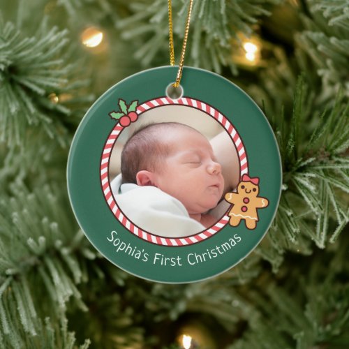 Cute Gingerbread Girl Baby First Christmas Photo Ceramic Ornament