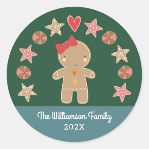 Cute Gingerbread Girl Holiday Cookie Modern Green Classic Round Sticker