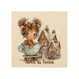 Cute Gingerbread Girl in Teacup Christmas  Wood Wall Art