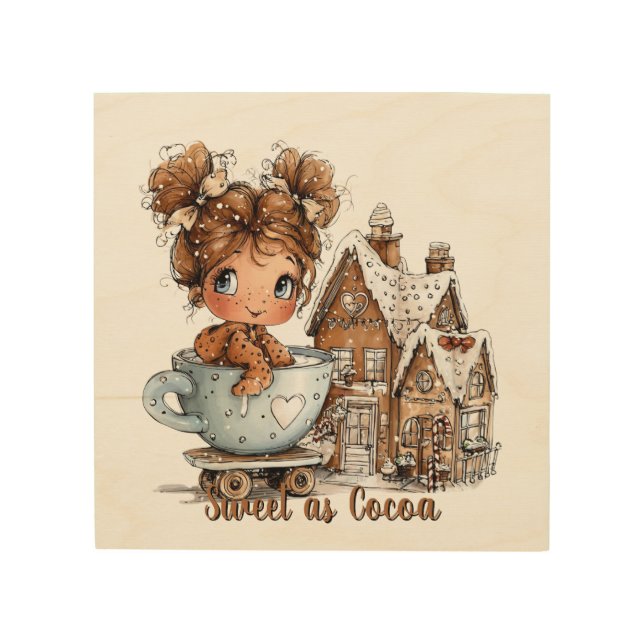Cute Gingerbread Girl in Teacup Christmas  Wood Wall Art (Front)